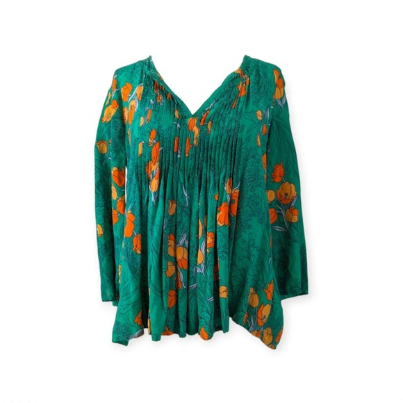 Vanessa Virginia Green & Orange Pintucked Poppy Swing Blouse - Picture 2 of 10